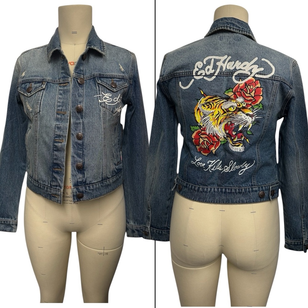 Ed Hardy Tiger Rose Graphic Denim Jacket Size M brand new